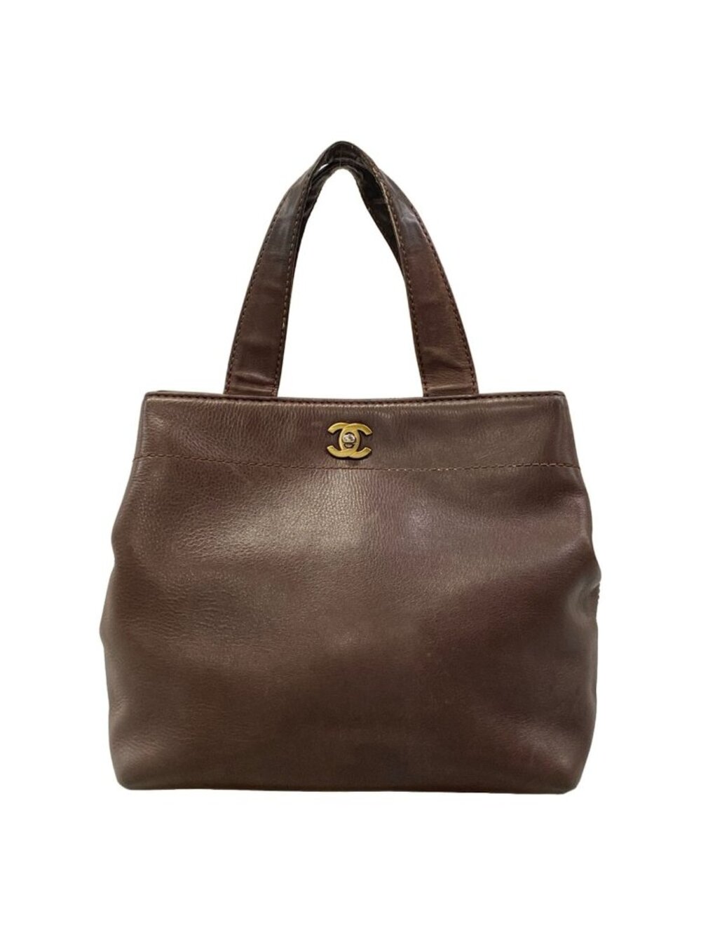 Chanel Tote Bag Dark Brown Gold Turnlock Leather